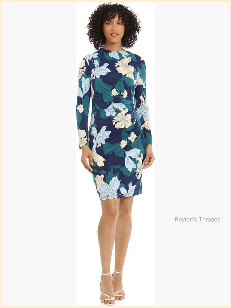 Long Sleeve Side Neck Drape Midi Dress Sheath Mock Neck